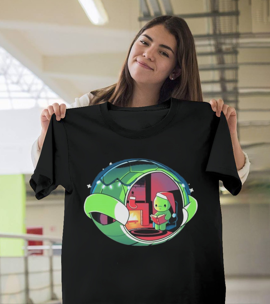 Christmas Turtle Cozy Holiday Scene With Santa Hat And Fireplace T-Shirt