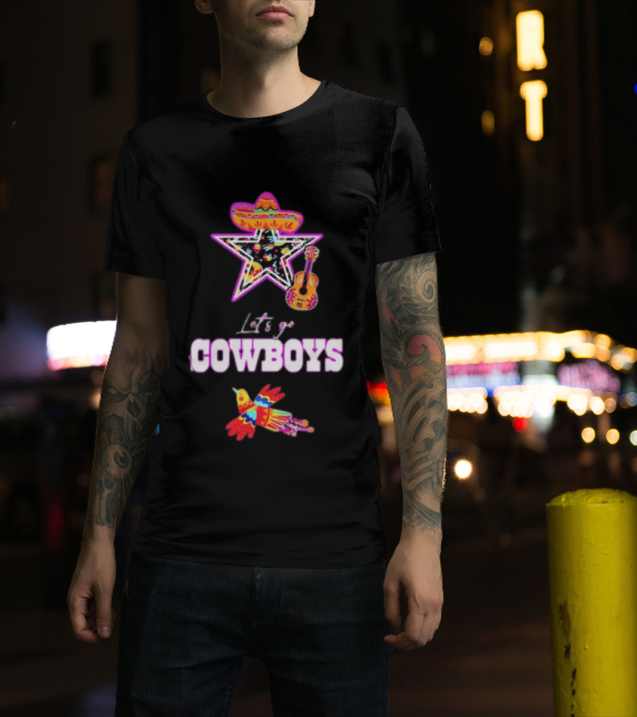 Let's Go Cowboys Mexican Folk Sombrero Star Guitar Bird T-Shirt