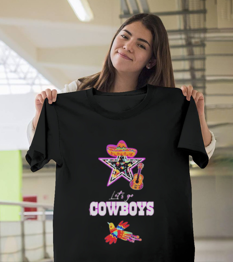 Let's Go Cowboys Mexican Folk Sombrero Star Guitar Bird T-Shirt