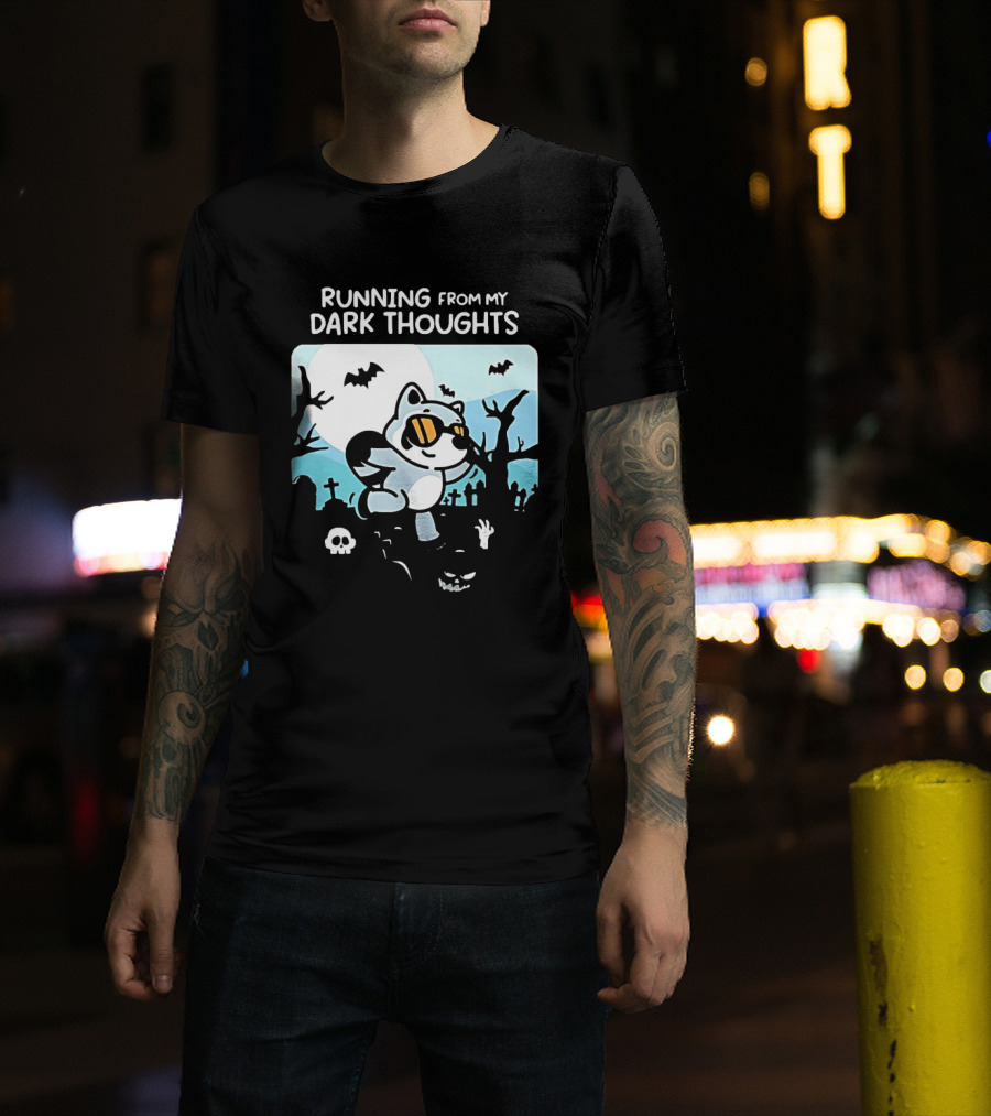 Raccoon Running From My Dark Thoughts Moonlight Bats And Graveyard Scene T-Shirt