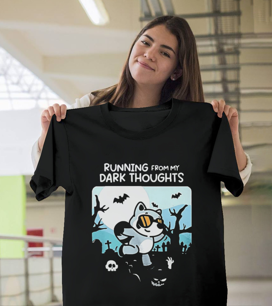Raccoon Running From My Dark Thoughts Moonlight Bats And Graveyard Scene T-Shirt
