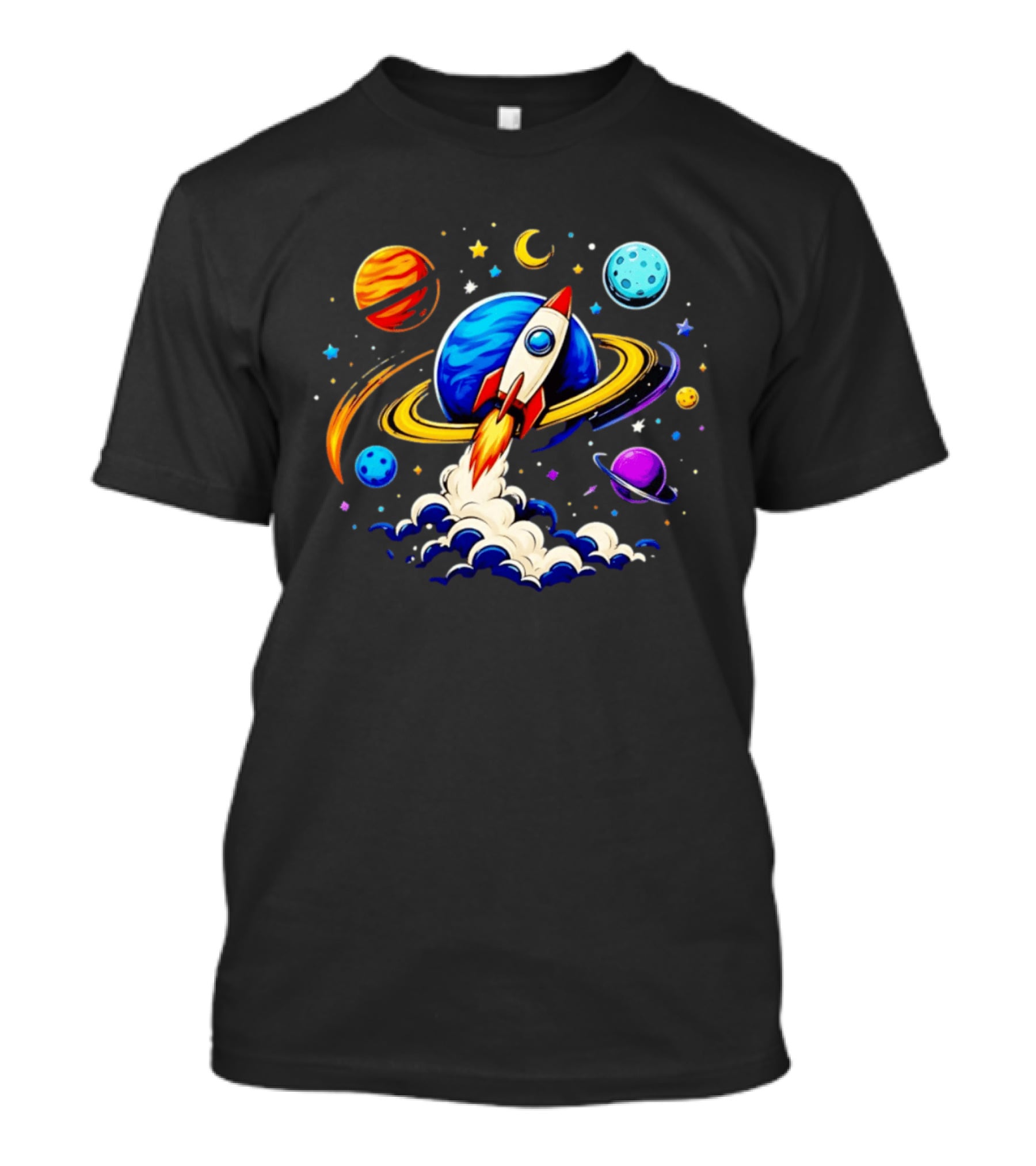 Space Rocket Launch With Vibrant Orbiting Planets And Stars T-Shirt