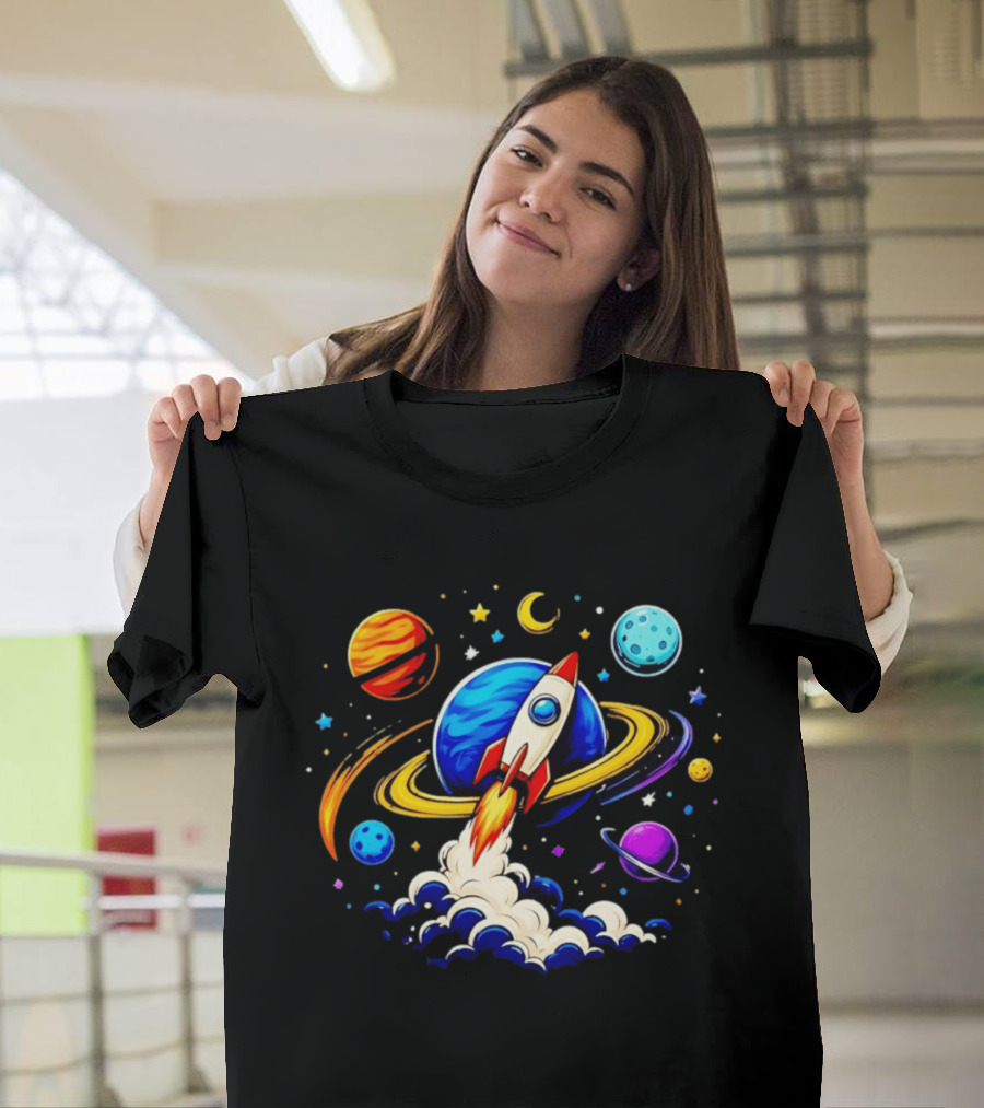 Space Rocket Launch With Vibrant Orbiting Planets And Stars T-Shirt