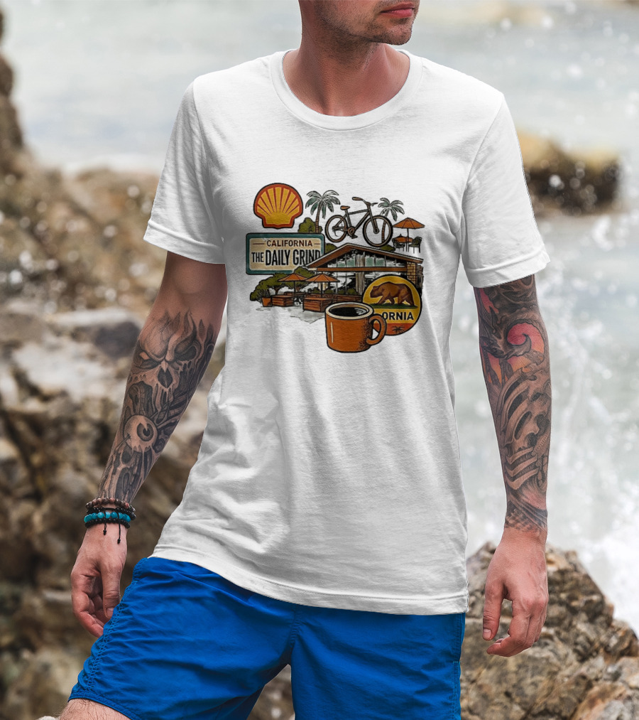 California The Daily Grind Shell Coffee Bear Bike Palms T-Shirt