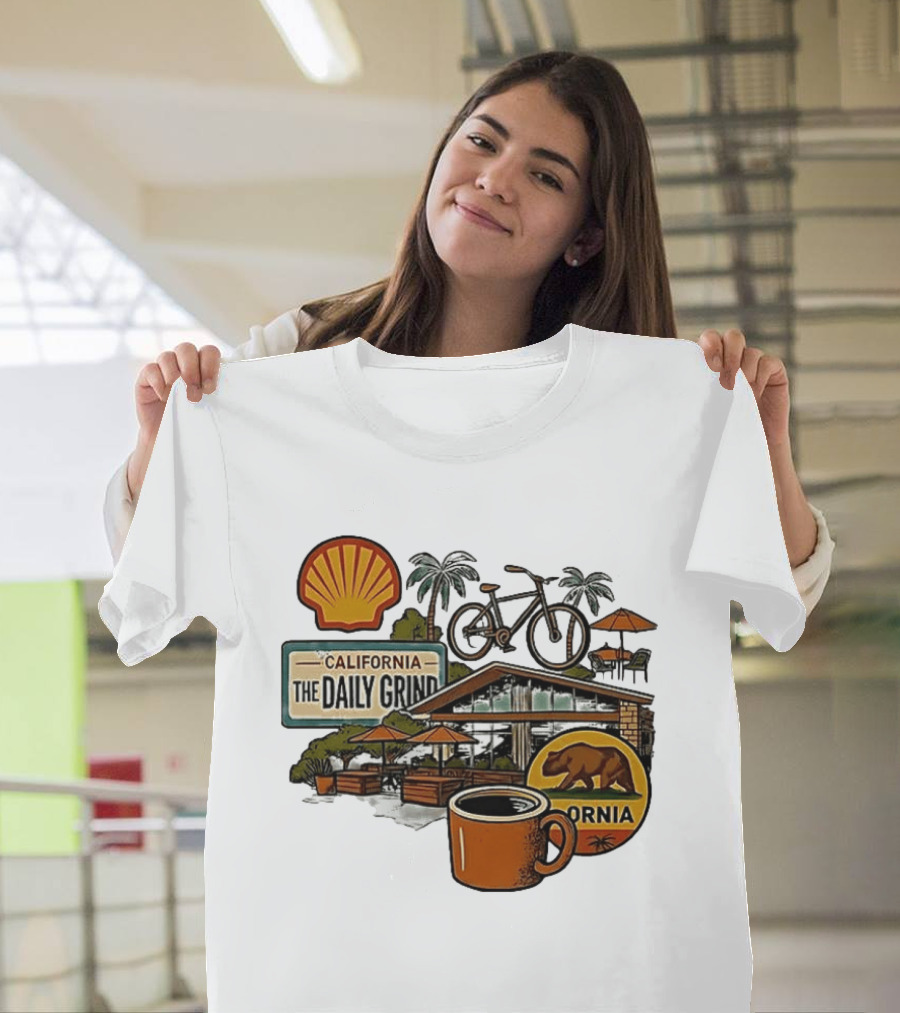 California The Daily Grind Shell Coffee Bear Bike Palms T-Shirt