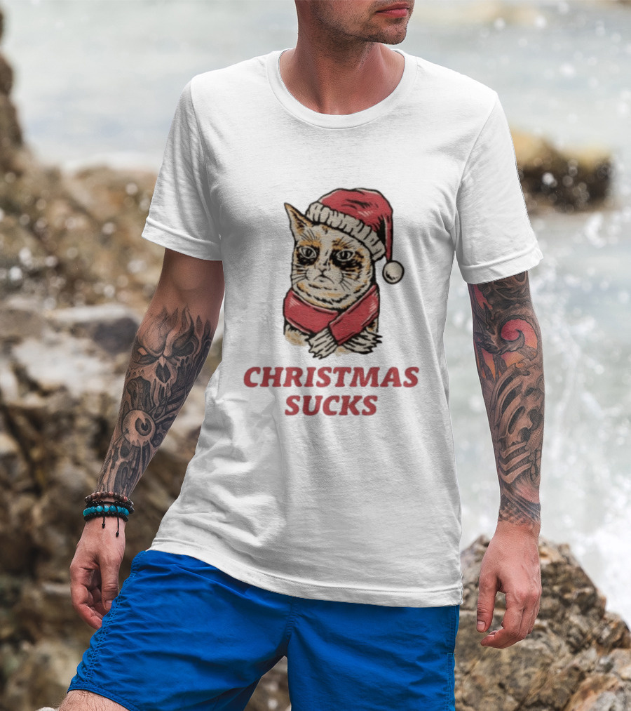 Cat Santa Hat Christmas Sucks Grumpy Humor T-Shirt