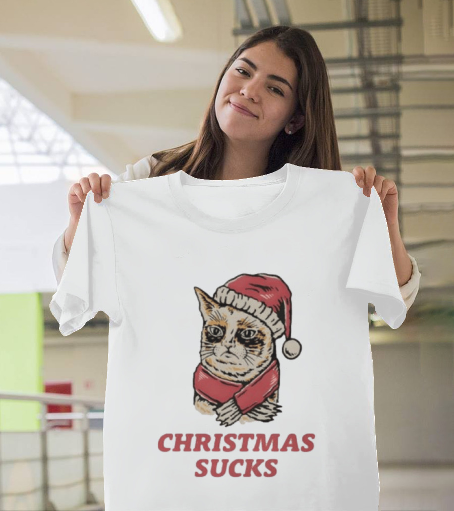 Cat Santa Hat Christmas Sucks Grumpy Humor T-Shirt