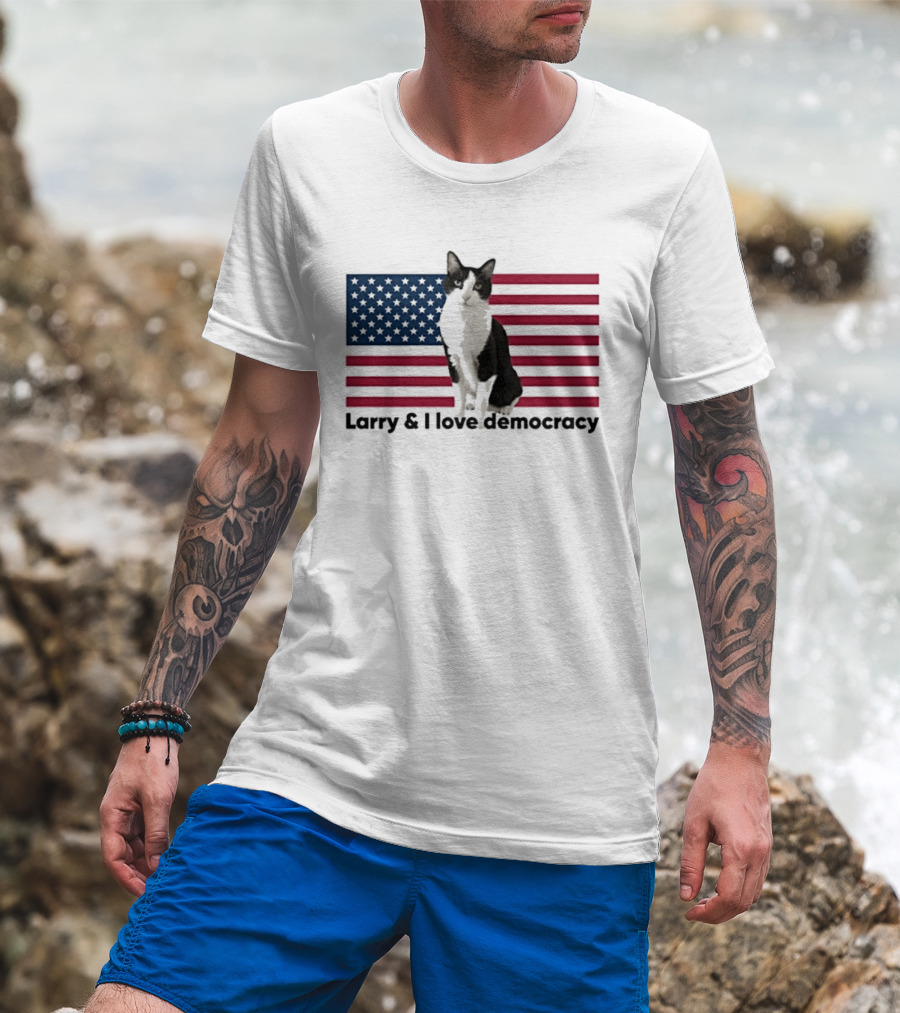 Larry I Love Democracy Cat American Flag T-Shirt