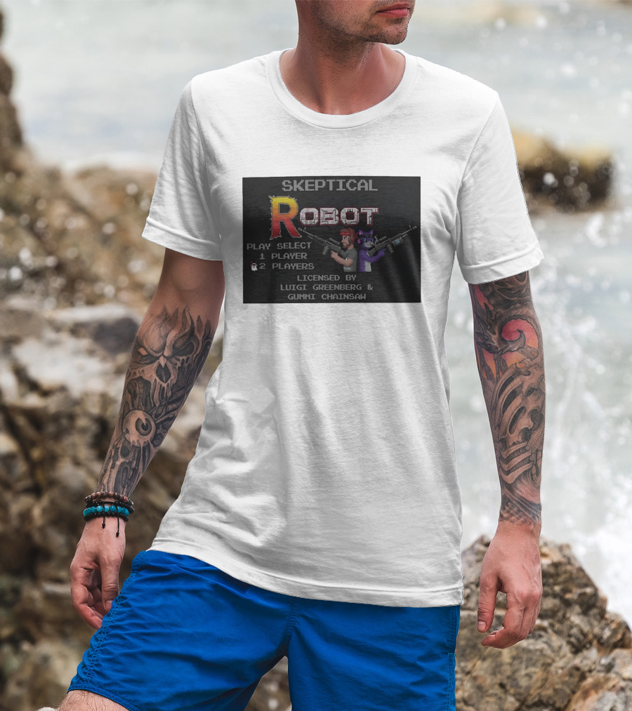 Skeptical Robot Play Select Luigi Greenberg Gummi Chainsaw T-Shirt