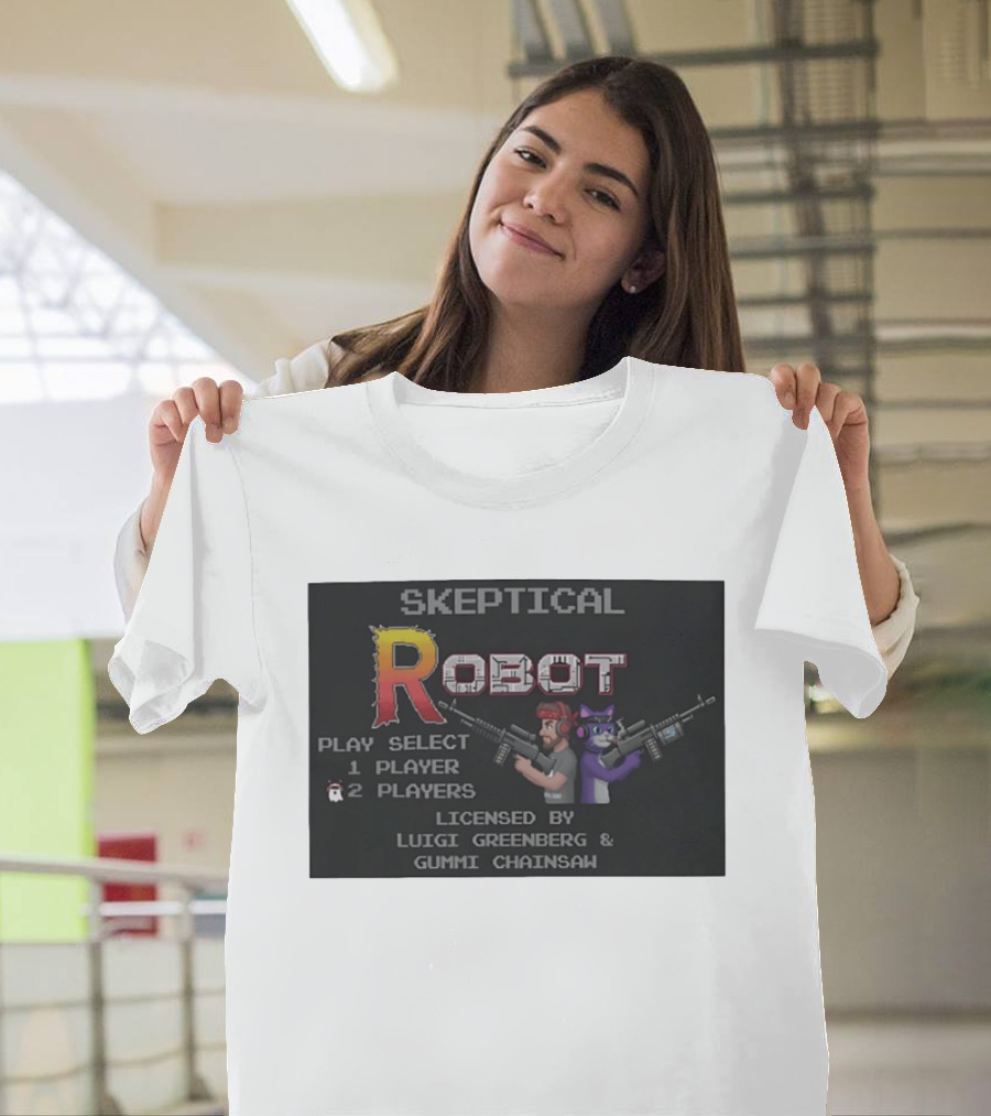Skeptical Robot Play Select Luigi Greenberg Gummi Chainsaw T-Shirt