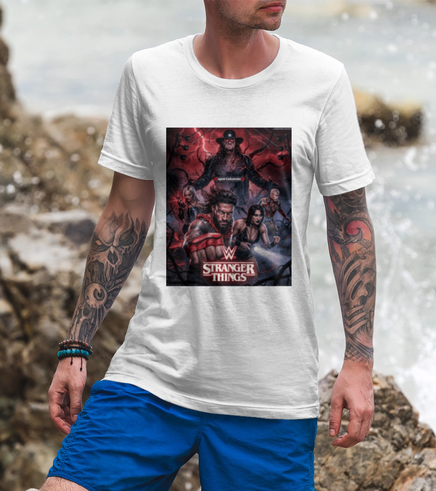 WWE And Stranger Things Crossover With The Undertaker, Roman Reigns, Cody Rhodes, Rhea Ripley, And Liv Morgan T-Shirt