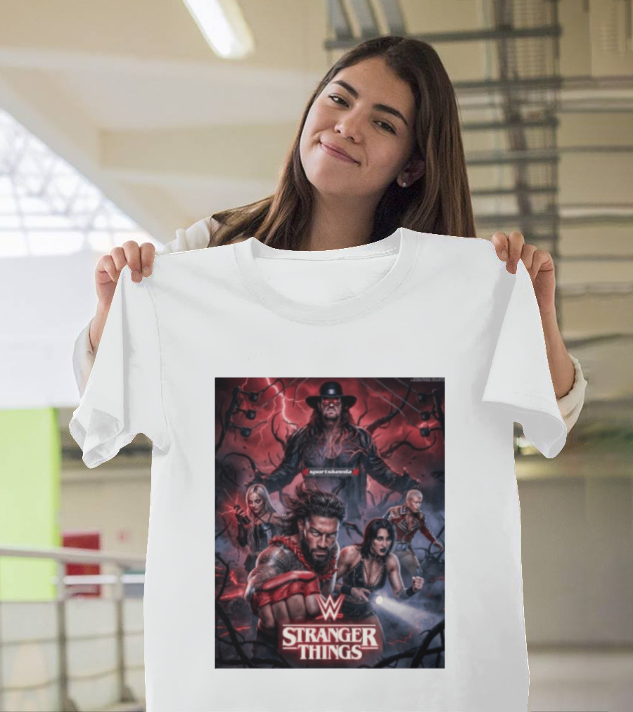 WWE And Stranger Things Crossover With The Undertaker, Roman Reigns, Cody Rhodes, Rhea Ripley, And Liv Morgan T-Shirt