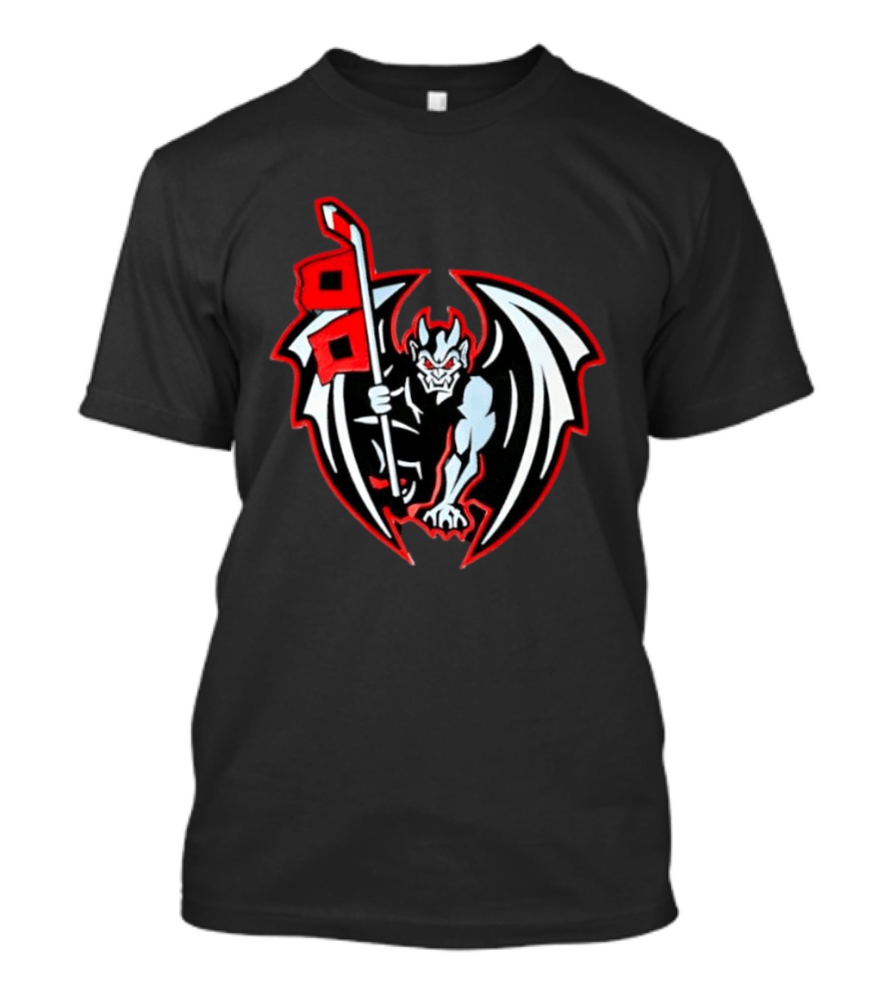 Greensboro Gargoyles Hockey Team Winged Gargoyle Holding Hockey Stick With Red Flag T-Shirt