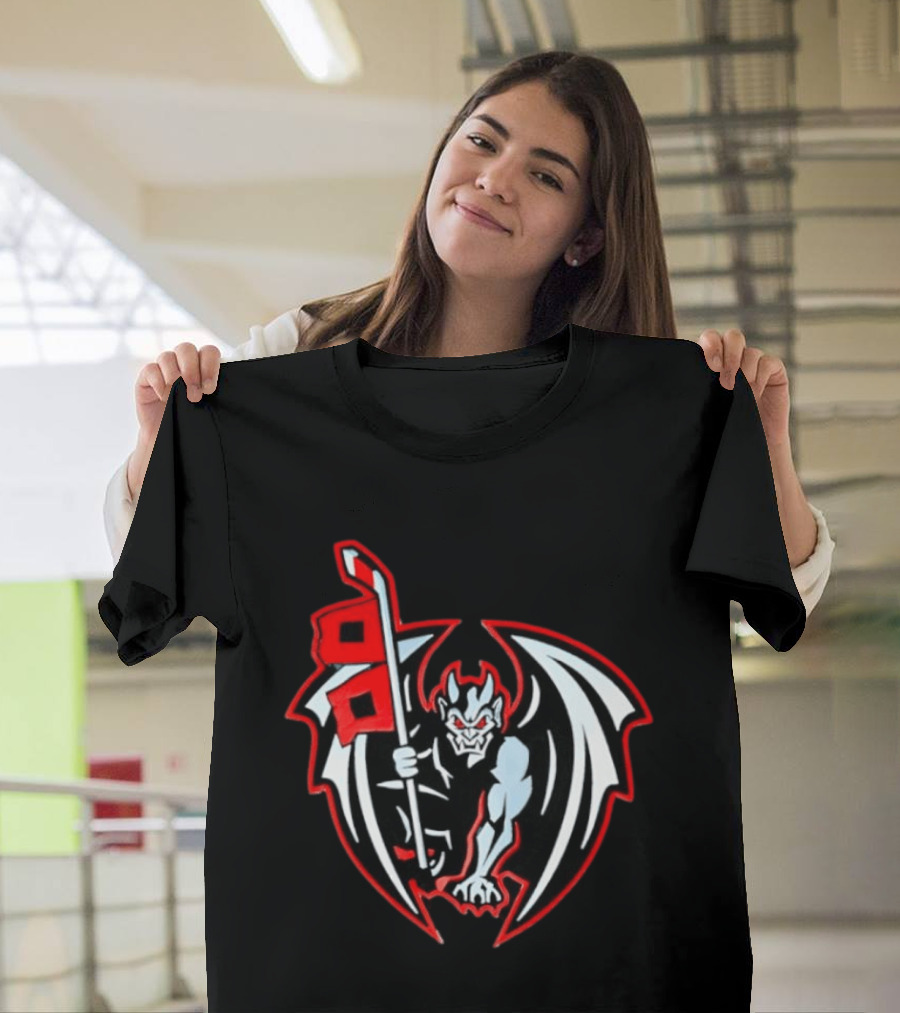 Greensboro Gargoyles Hockey Team Winged Gargoyle Holding Hockey Stick With Red Flag T-Shirt