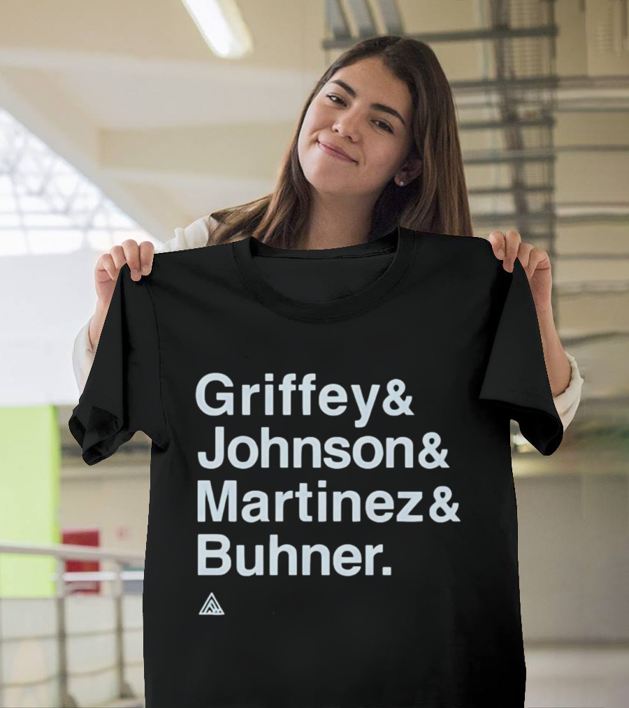 Griffey Johnson Martinez Buhner White Sans Serif Text Triangular T-Shirt