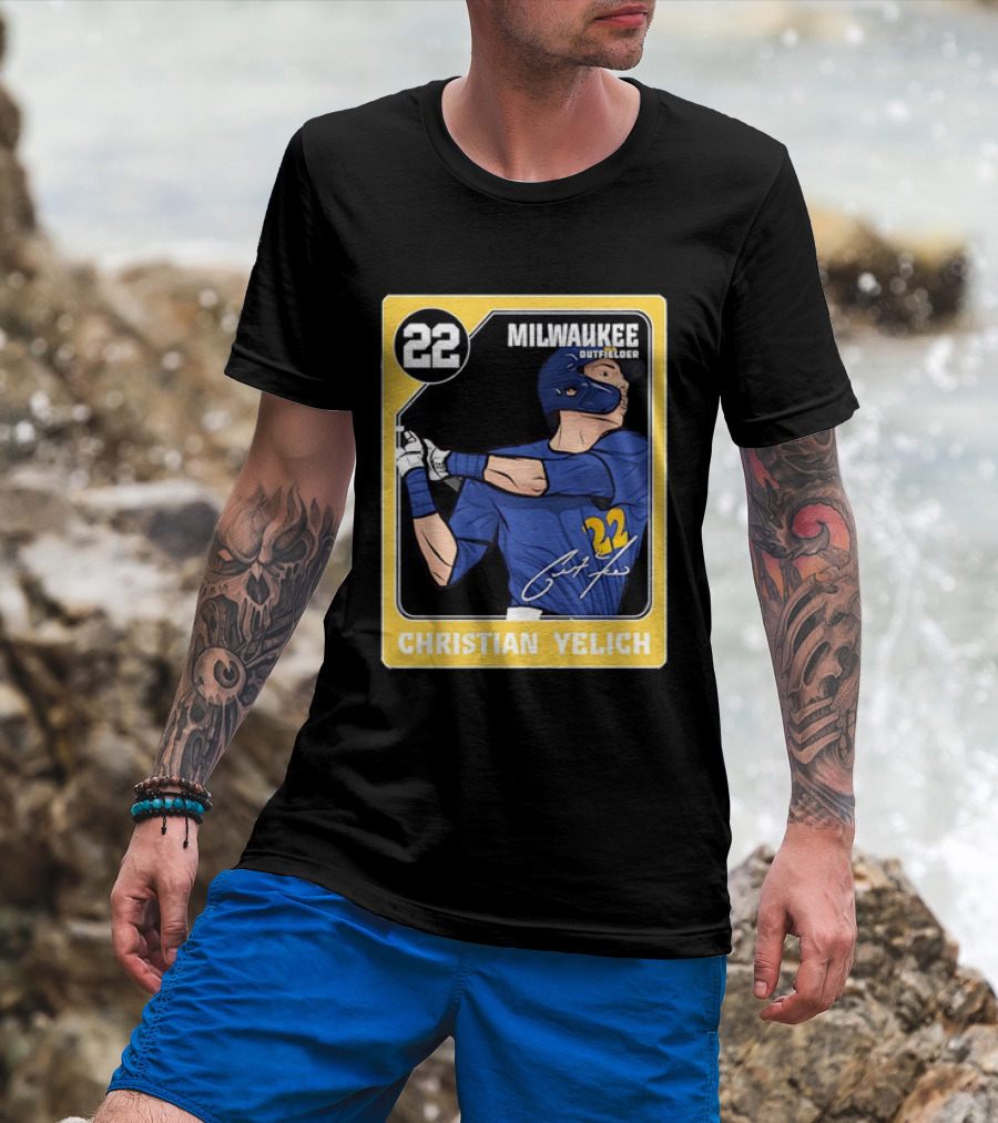 Christian Yelich Milwaukee Outfielder 22 Blue Jersey Yellow T-Shirt