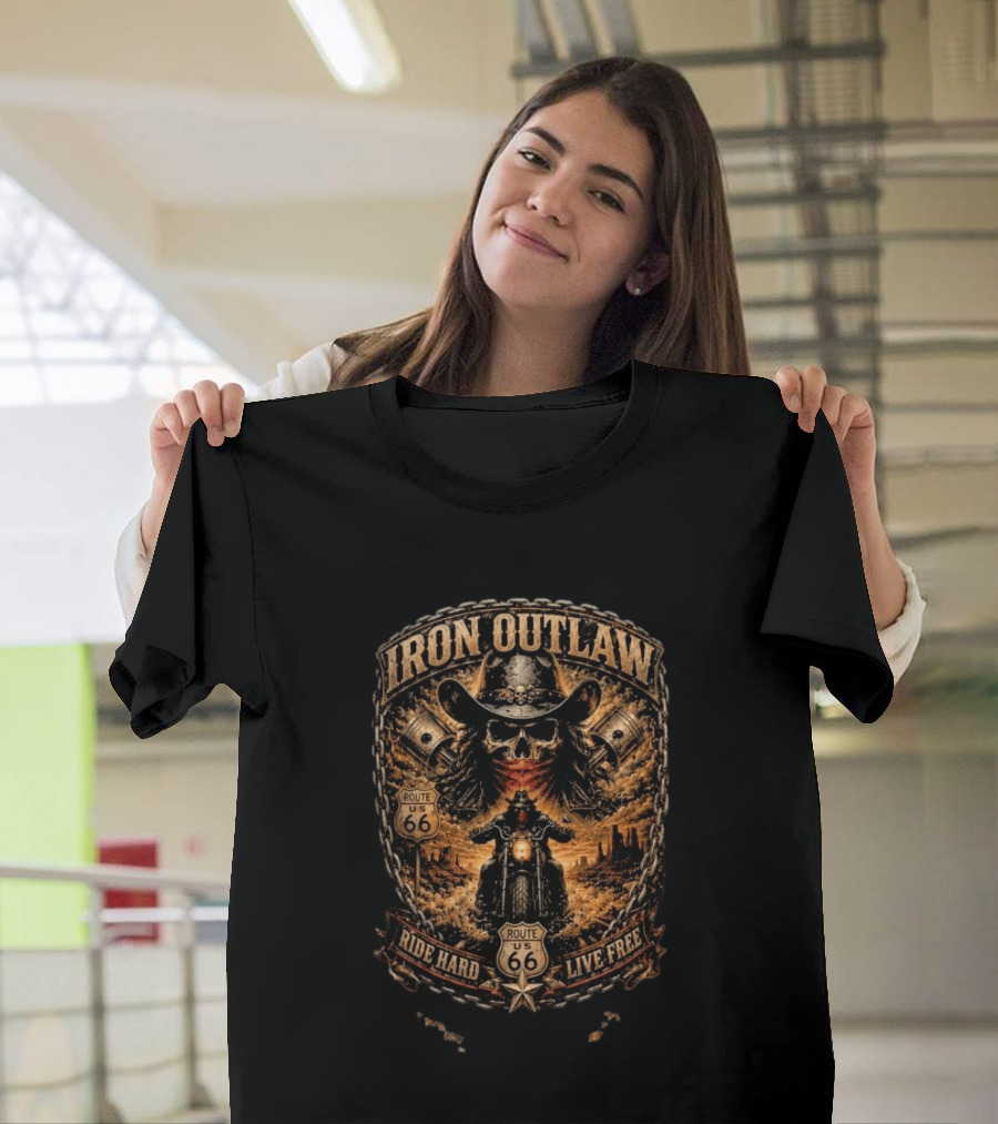 Iron Outlaw Cowboy Skull Motorcycle Route 66 Ride Hard Live Free T-Shirt