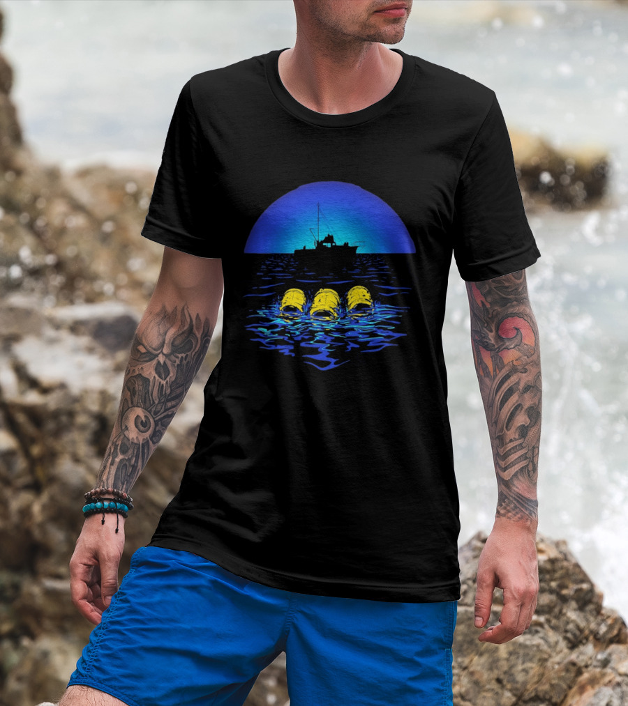 Jaws Orca Boat With Yellow Barrels Steven Spielberg Retro Ocean Scene T-Shirt