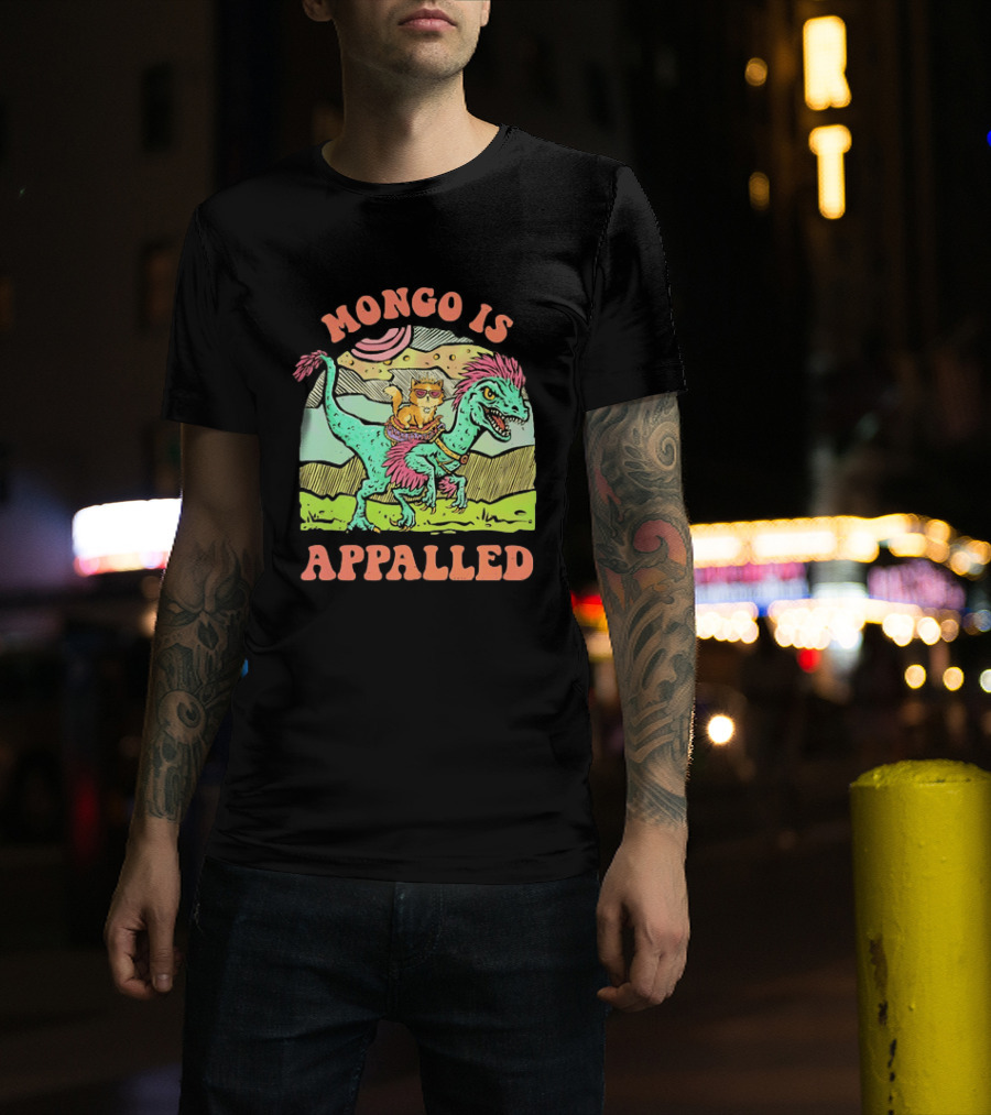 Mongo Is Appalled Cat Riding Dinosaur Raptor T-Shirt