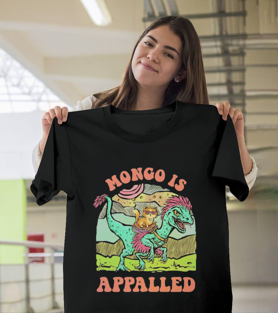 Mongo Is Appalled Cat Riding Dinosaur Raptor T-Shirt