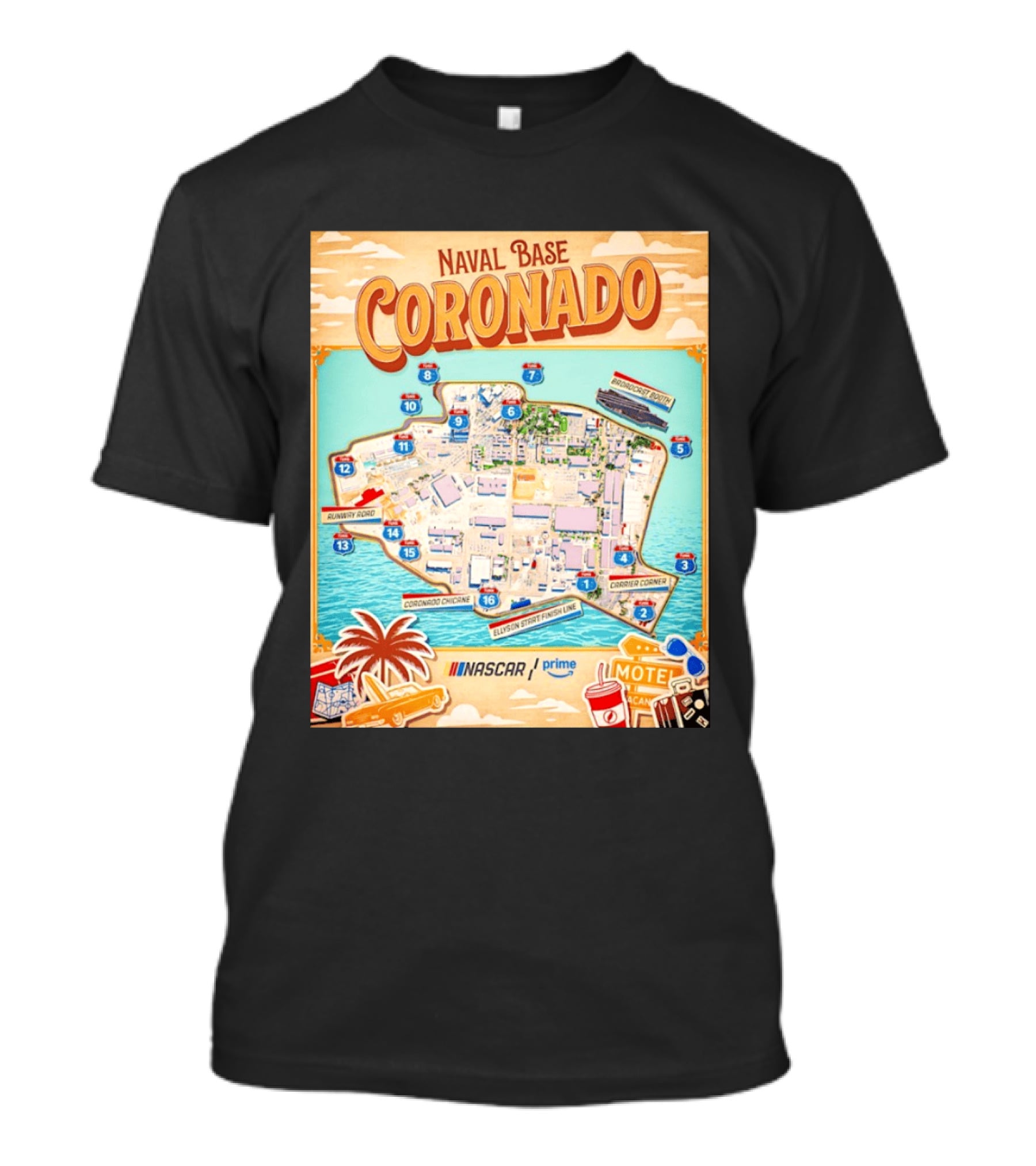 Naval Base Coronado Map NASCAR Prime Ellyson Start Finish Line Broadcast Booth T-Shirt