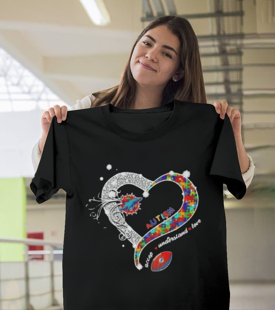 Miami Dolphins Autism Accept Understand Love Heart Diamond Puzzle T-Shirt