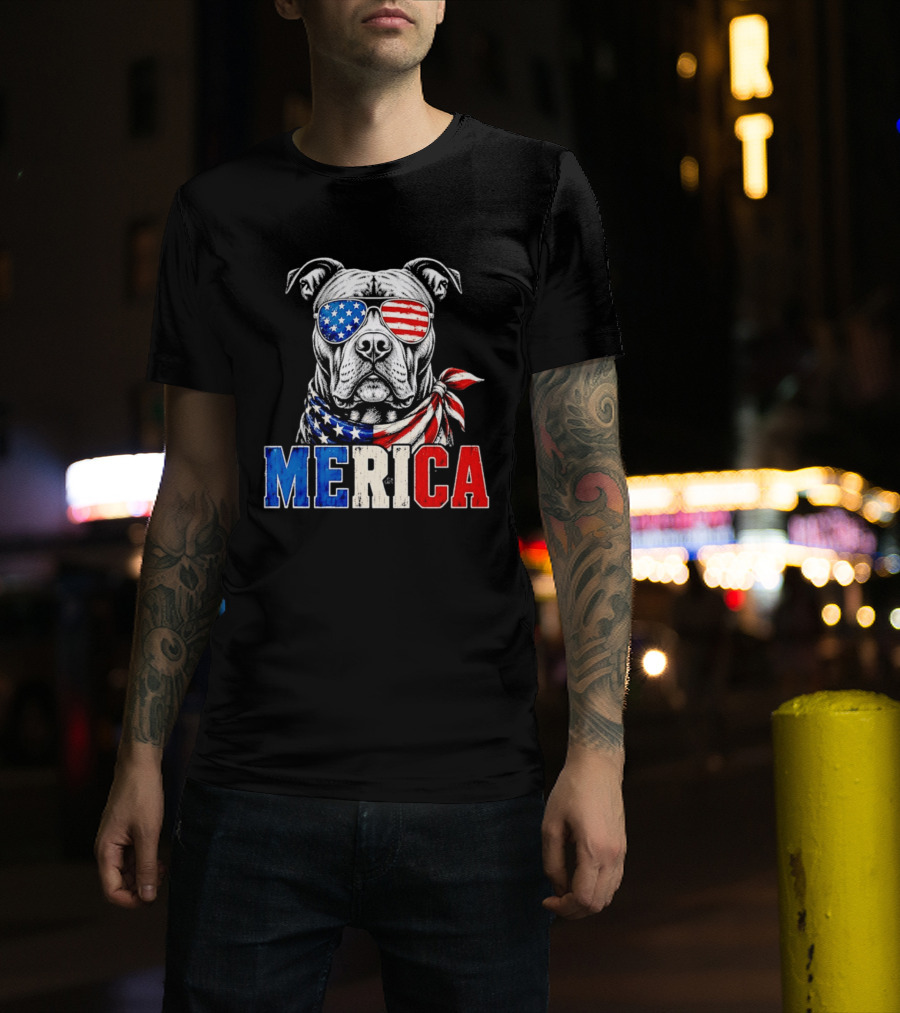 Patriotic Pit Bull Merica Dog With American Flag Sunglasses And Bandana T-Shirt