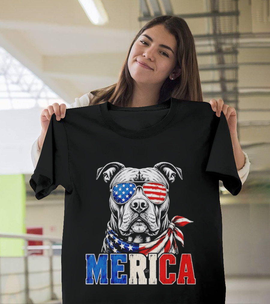 Patriotic Pit Bull Merica Dog With American Flag Sunglasses And Bandana T-Shirt