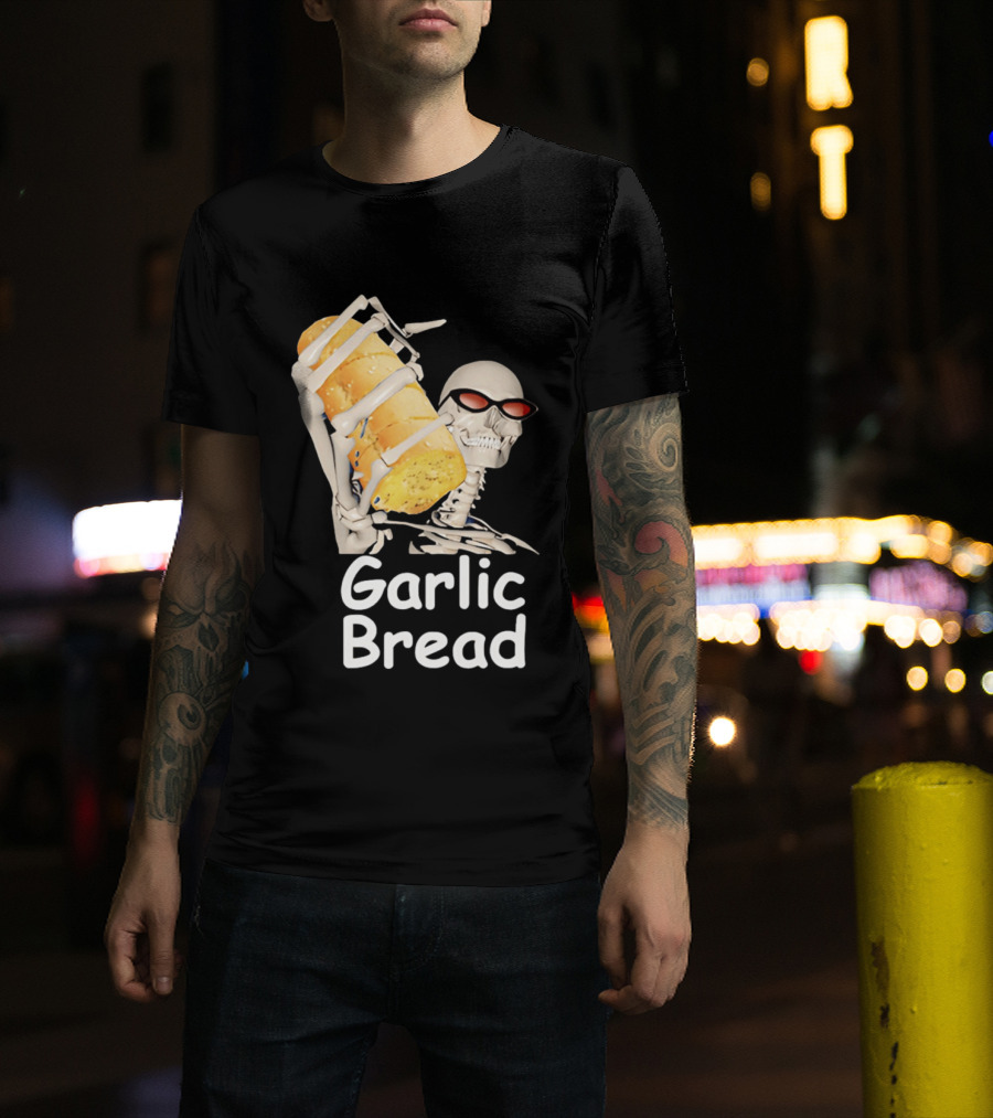 Skeleton Holding Baguette Garlic Bread Wearing Sunglasses T-Shirt