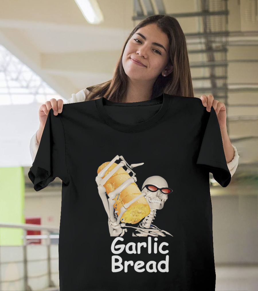 Skeleton Holding Baguette Garlic Bread Wearing Sunglasses T-Shirt