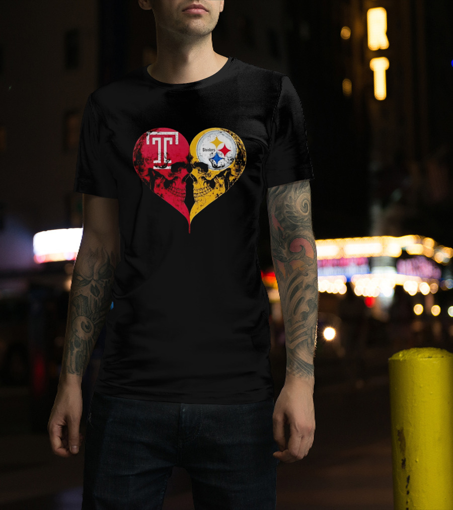 Temple Owls Pittsburgh Steelers Skulls Heart Shape Distressed T-Shirt