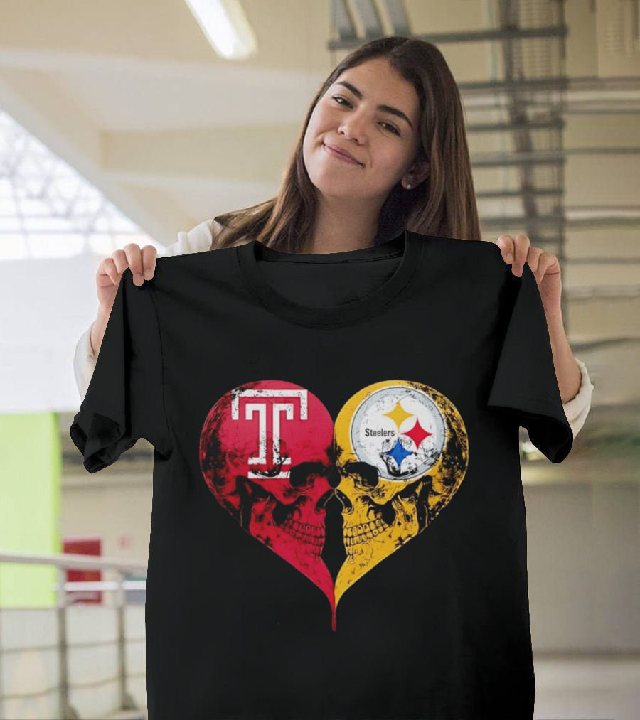 Temple Owls Pittsburgh Steelers Skulls Heart Shape Distressed T-Shirt