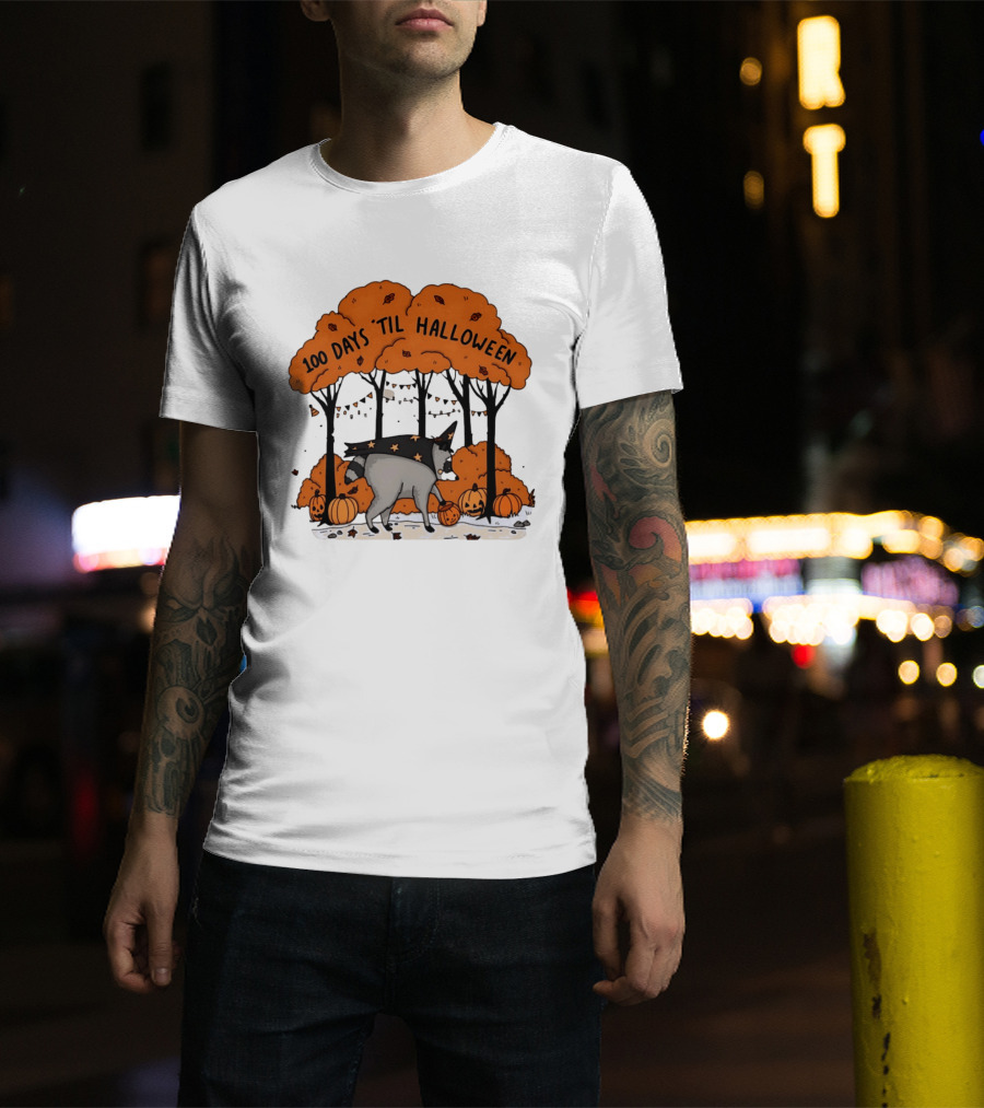 100 Days 'til Halloween Raccoon Wizard Costume In Pumpkin Patch Forest T-Shirt