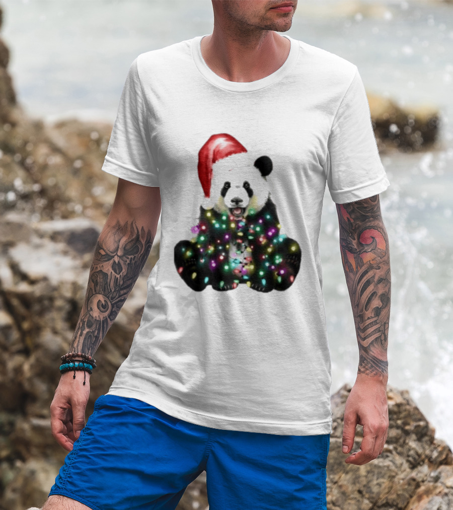 Panda With Christmas Lights And Santa Hat Holiday Animals T-Shirt