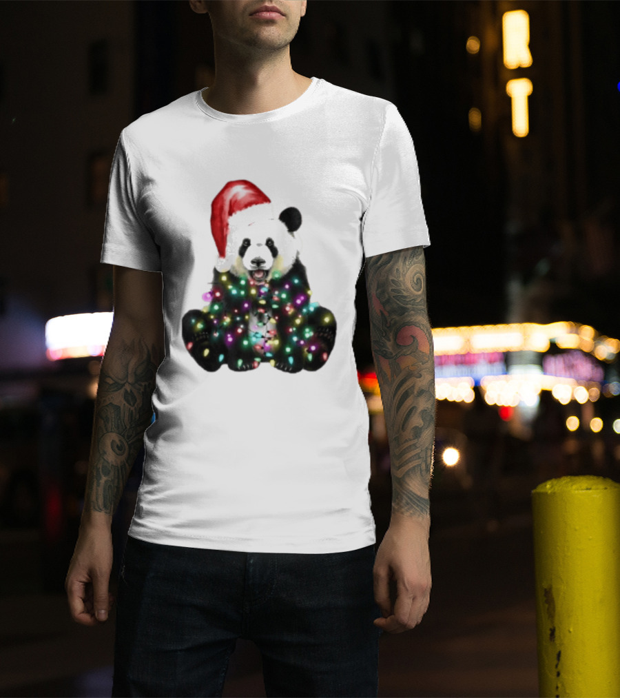 Panda With Christmas Lights And Santa Hat Holiday Animals T-Shirt
