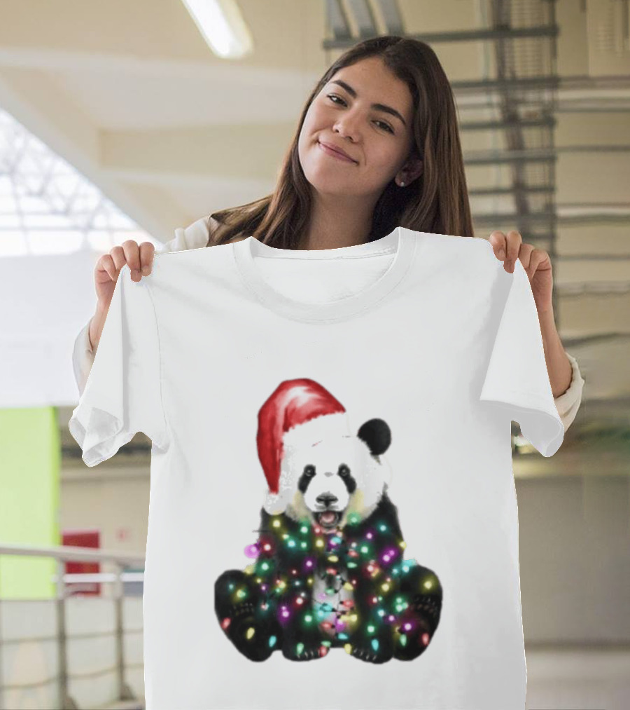 Panda With Christmas Lights And Santa Hat Holiday Animals T-Shirt