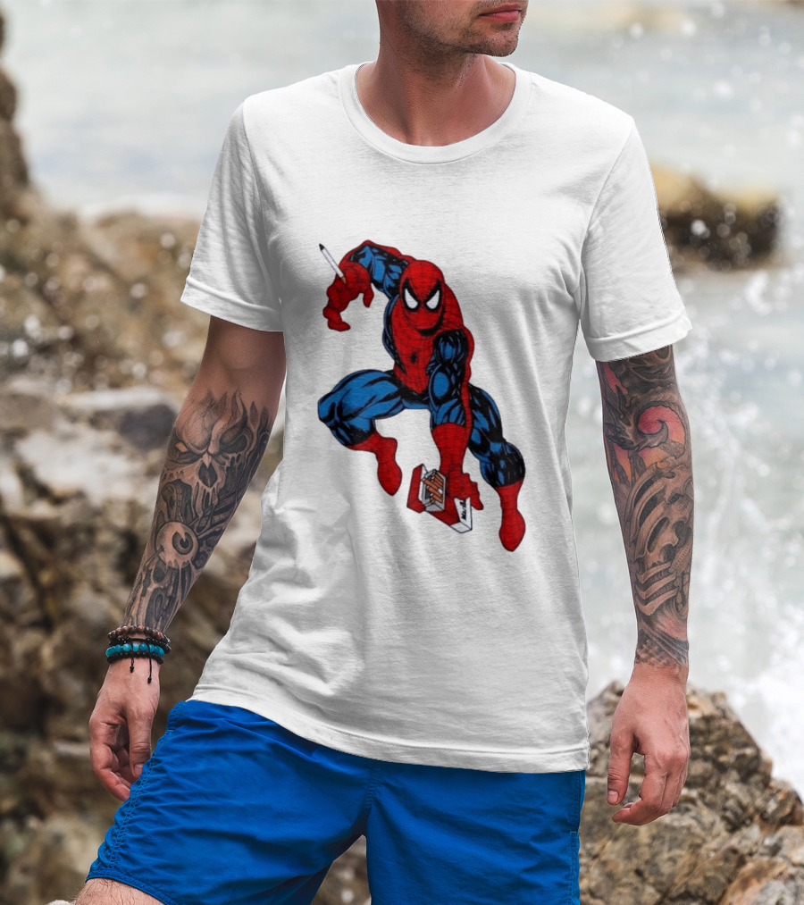Marlboro Spider Man Crouching Holding Cigarette Packcartoon T-Shirt