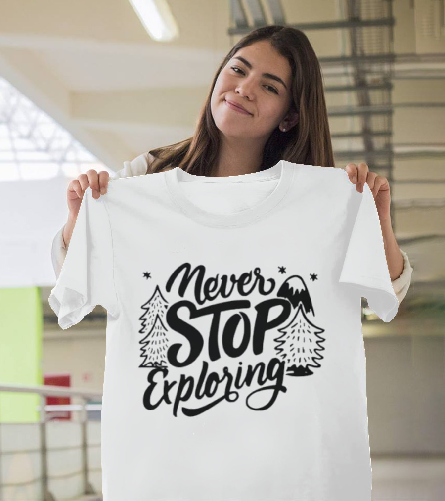 Never Stop Exploring Pine Trees Snowy Mountain Peak Stars T-Shirt