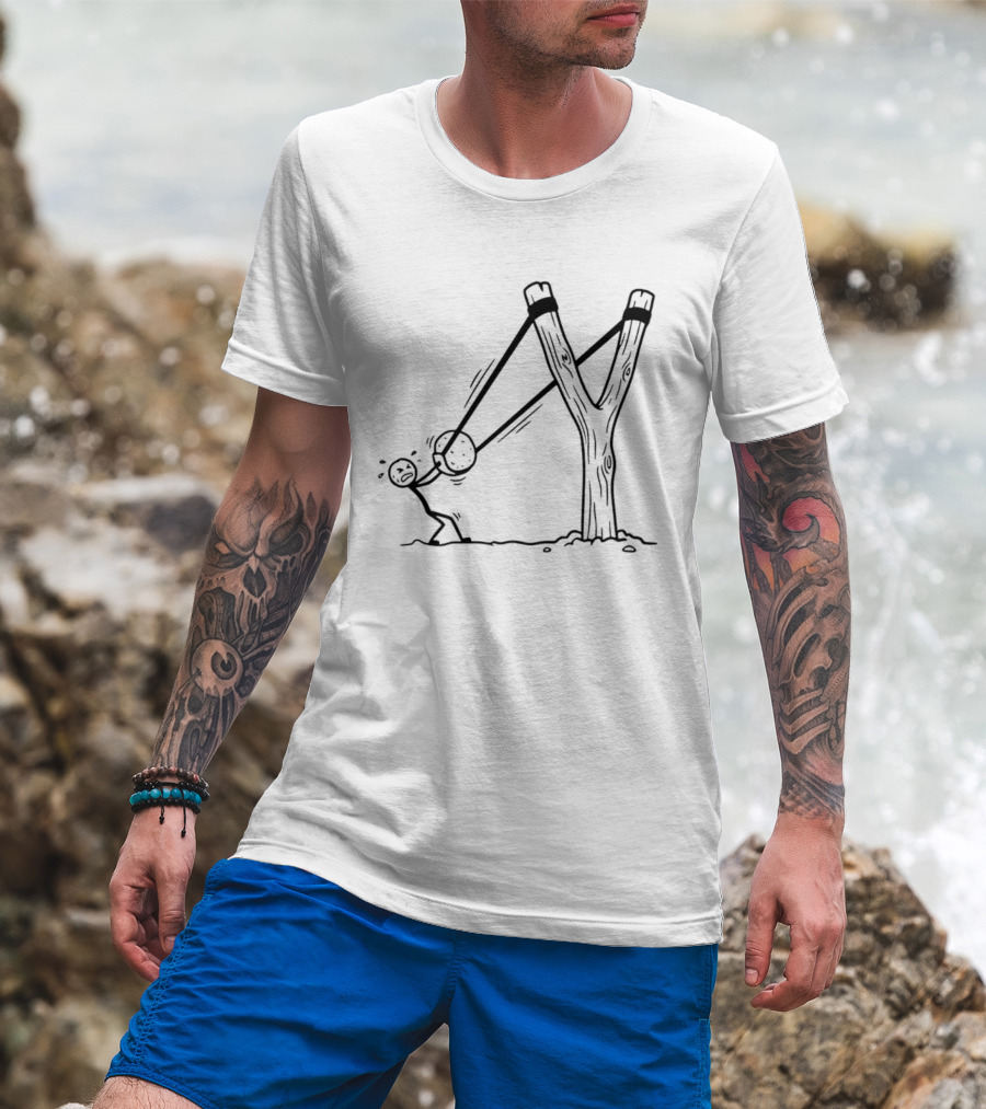Stick Figure Slingshot Cartoon Pulling Back T-Shirt