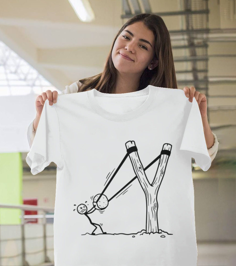 Stick Figure Slingshot Cartoon Pulling Back T-Shirt