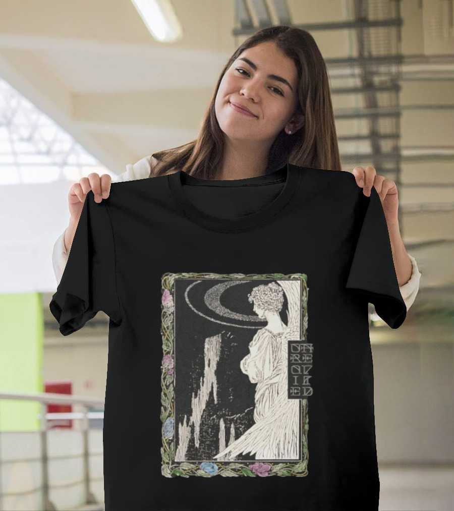 Angel Nouveau Unraveled Floral Frame Illustrative Art Winged Celestial Figure T-Shirt
