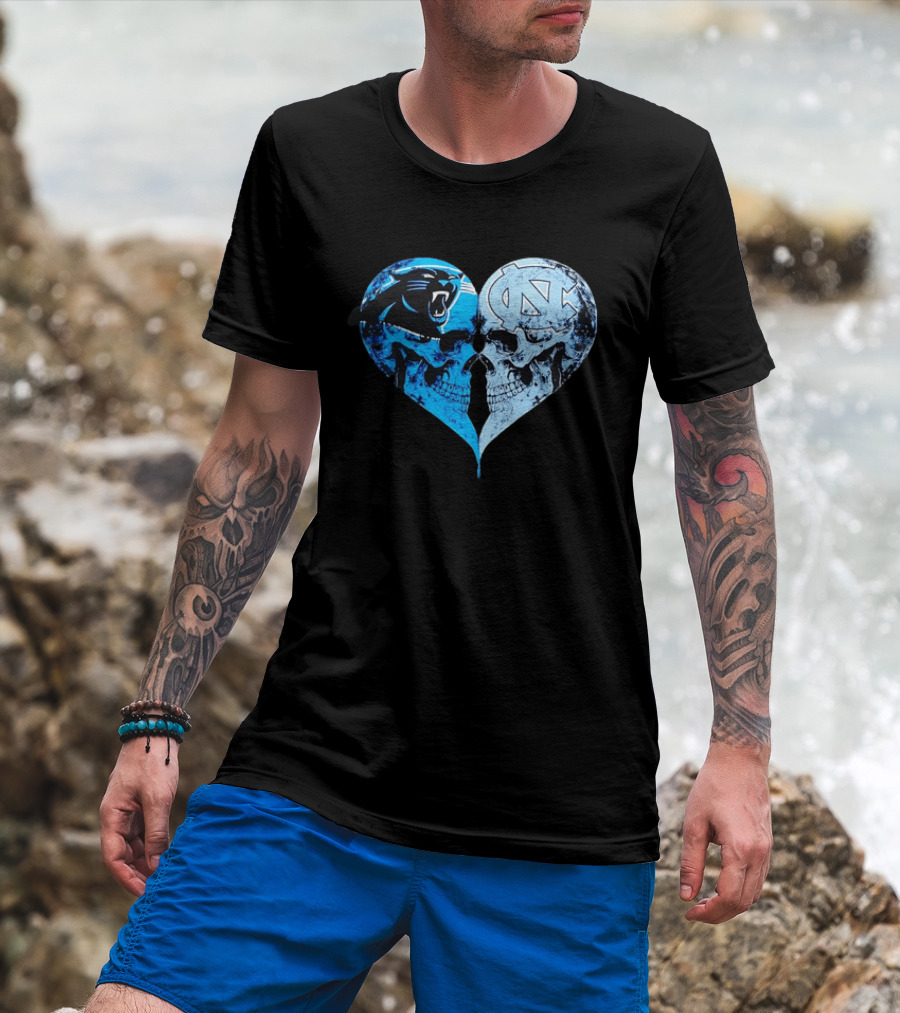Carolina Panthers North Carolina Tar Heels Skulls Face To Face Heart Shape T-Shirt
