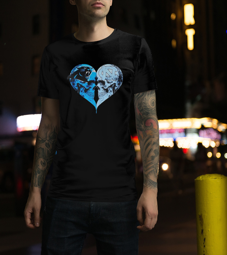 Carolina Panthers North Carolina Tar Heels Skulls Face To Face Heart Shape T-Shirt