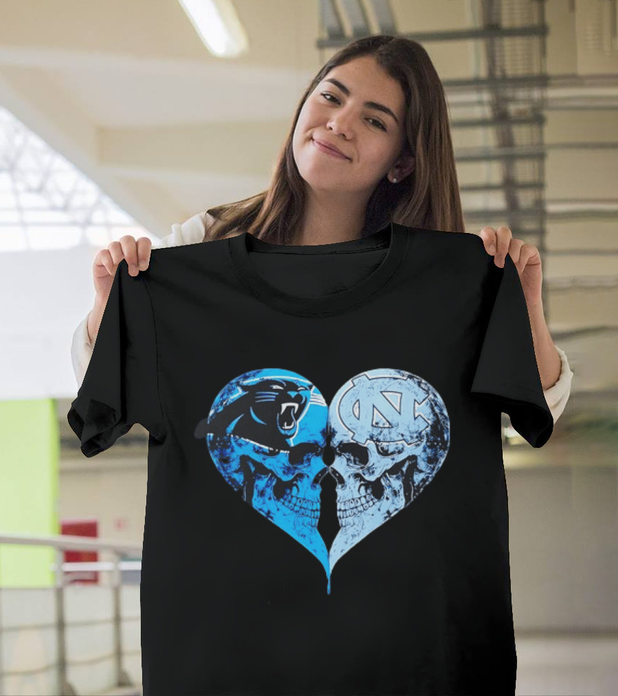 Carolina Panthers North Carolina Tar Heels Skulls Face To Face Heart Shape T-Shirt