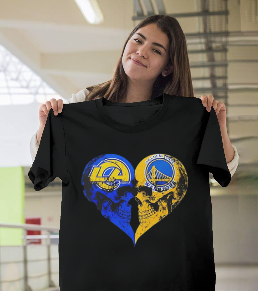 Los Angeles Rams Golden State Warriors Heart Shaped Skulls Distressed T-Shirt