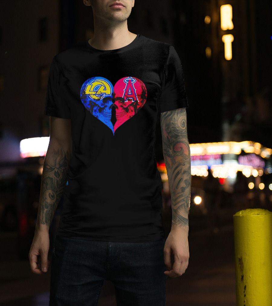 Los Angeles Rams Vs Los Angeles Angels Skulls Heart Face To Face Distressed T-Shirt