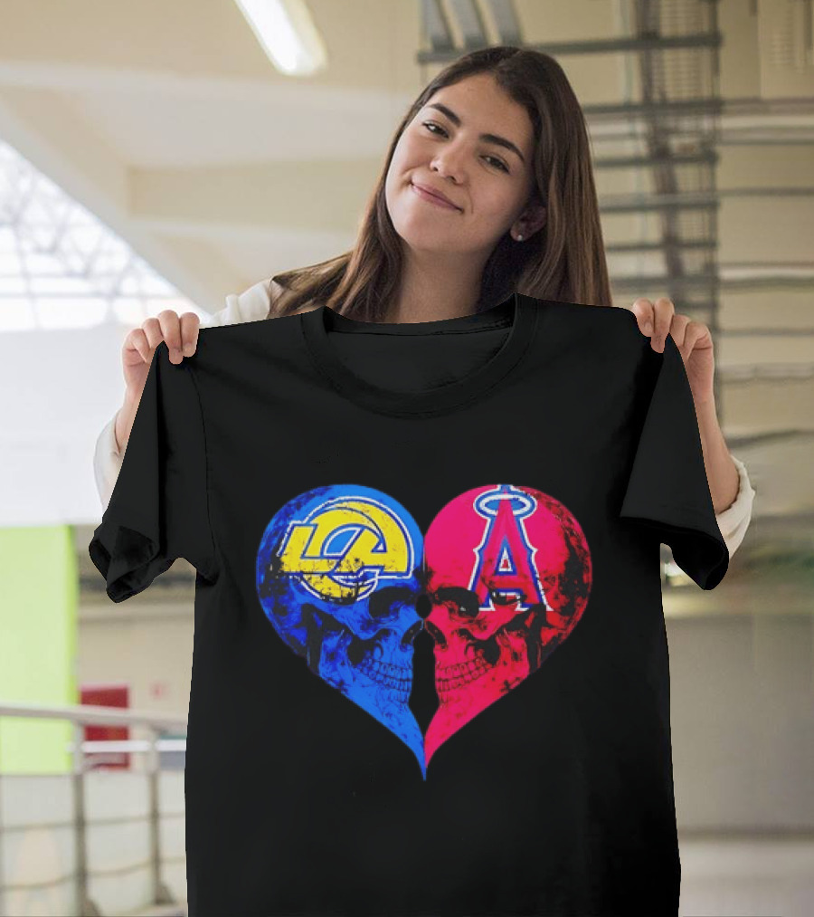 Los Angeles Rams Vs Los Angeles Angels Skulls Heart Face To Face Distressed T-Shirt