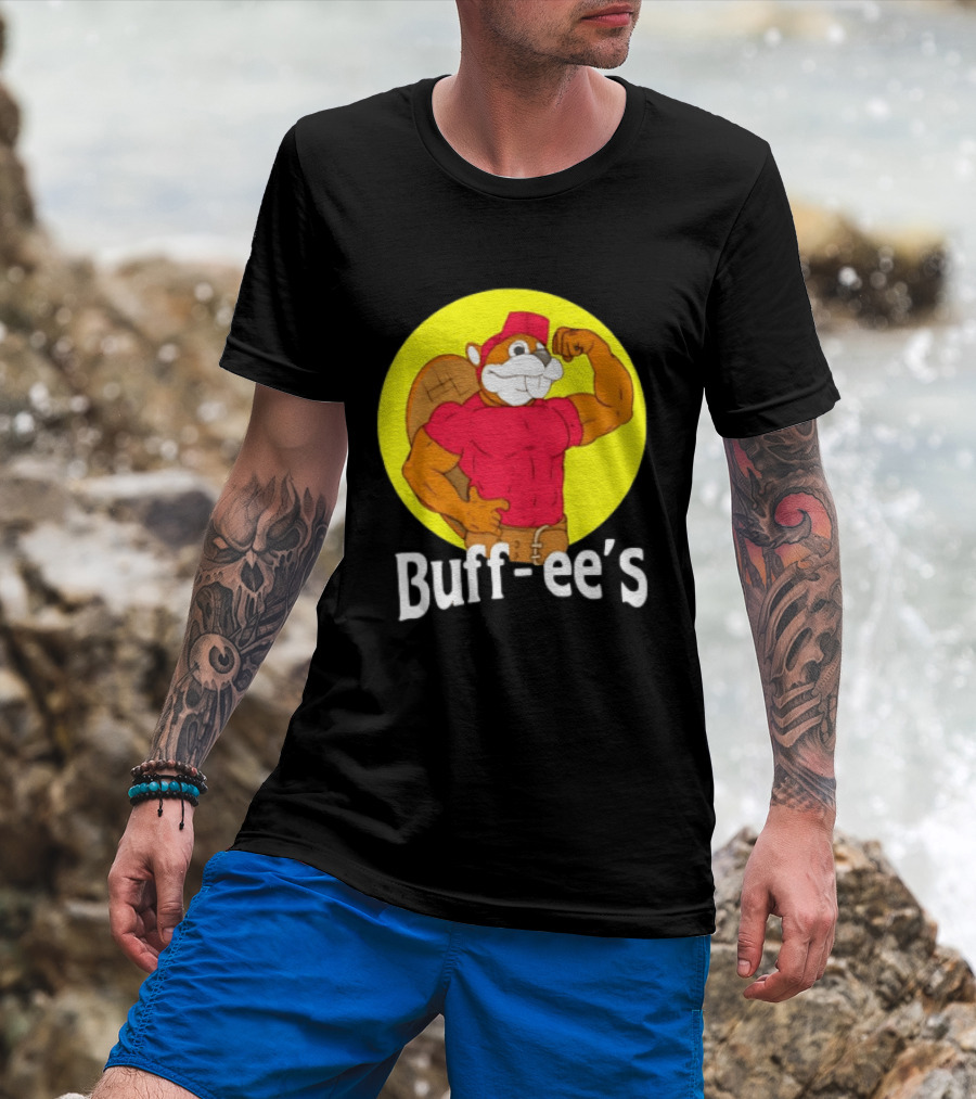 Buff Ee's Strong Muscular Beaver Character In Red Outfit T-Shirt