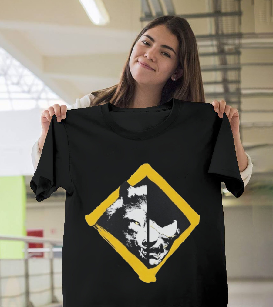 Wolf And Boar Split Face Diamond Yellow Border T-Shirt