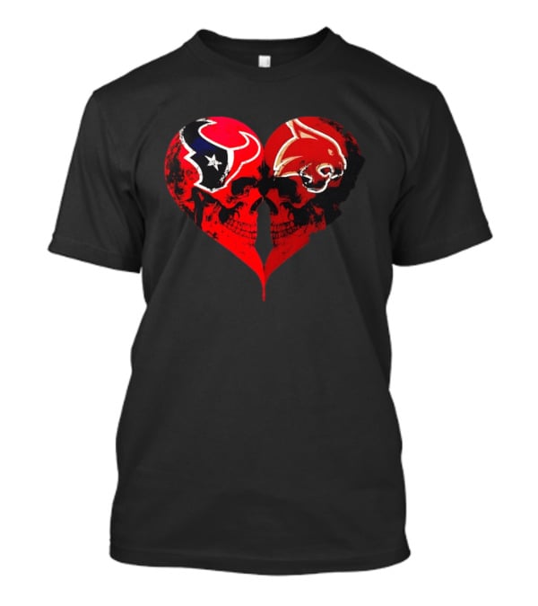 Houston Texans And Tampa Bay Buccaneers Skulls Heart Shape Distressed T-Shirt